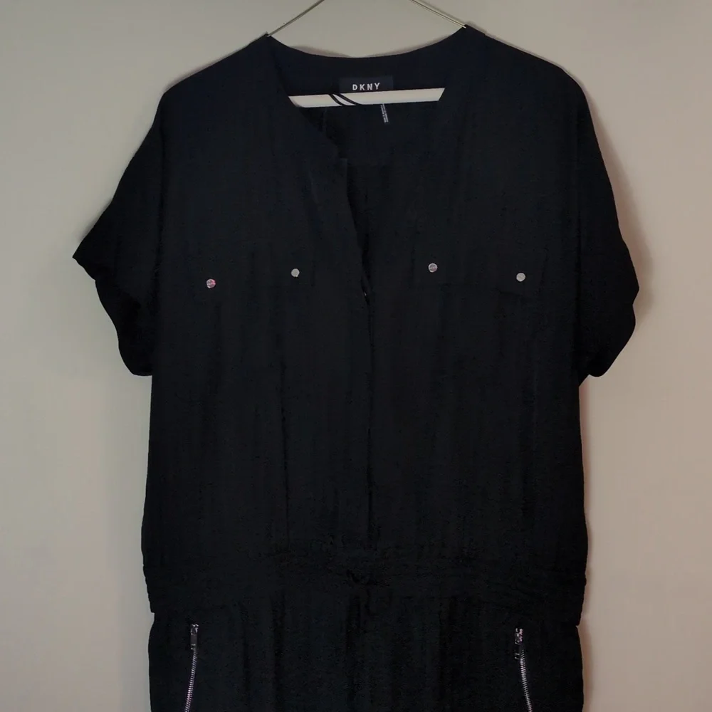 DKNY Black V-Neck Button Down Short Sleeve Rolled Ankle Hem Jumpsuit Women's XL